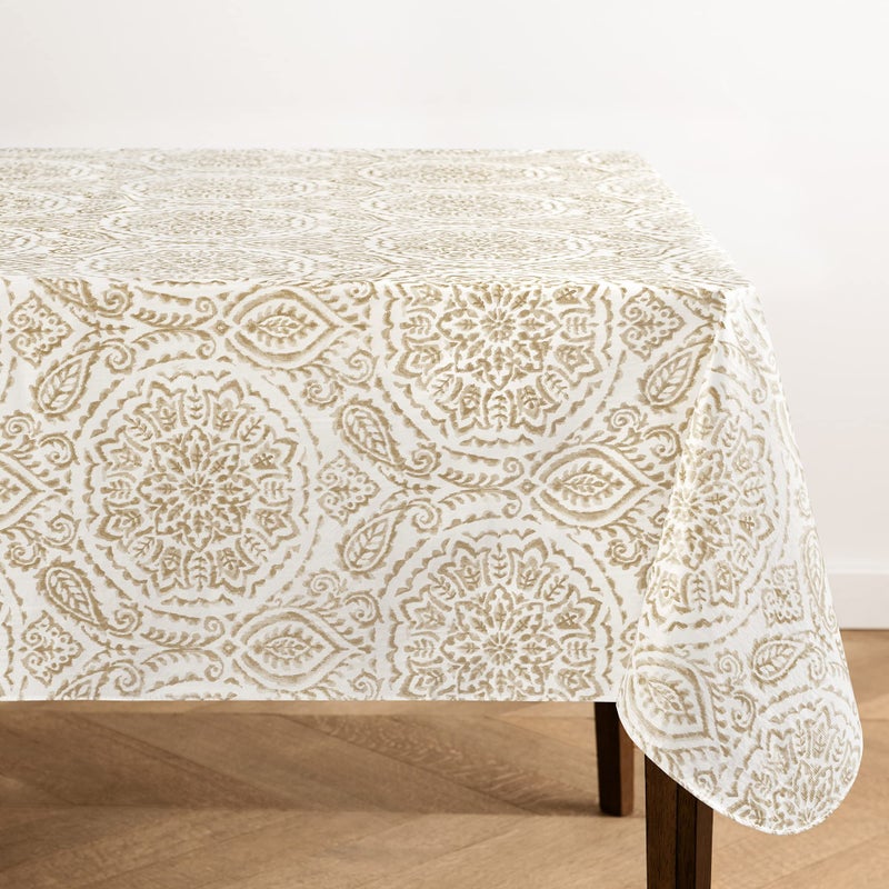 Elrene Home Fashions Savannah Boho Paisley Water and StainResistant Vinyl Tablecloth with Flannel Backing 60 Inches X 102 Inches Rectangle Taupe