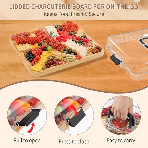 CAWIU Portable Travel Charcuterie Board with Lid and Handle - Large Bamboo Cheese Board with 4 Cheese Knife Set for Outdoor, Picnics - Weddings, House Warming Gift for Women (1 Compartment, Black) - Image 3