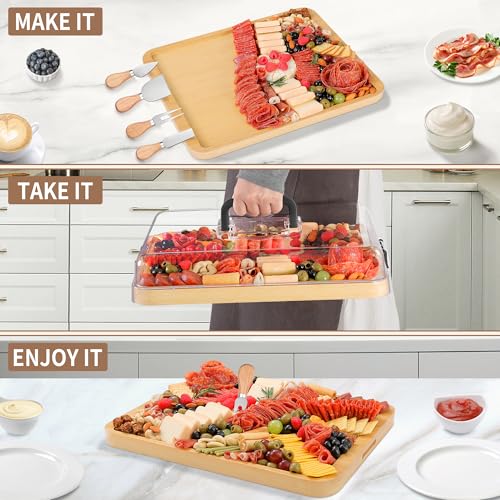 CAWIU Portable Travel Charcuterie Board with Lid and Handle - Large Bamboo Cheese Board with 4 Cheese Knife Set for Outdoor, Picnics - Weddings, House Warming Gift for Women (1 Compartment, Black) - Image 2