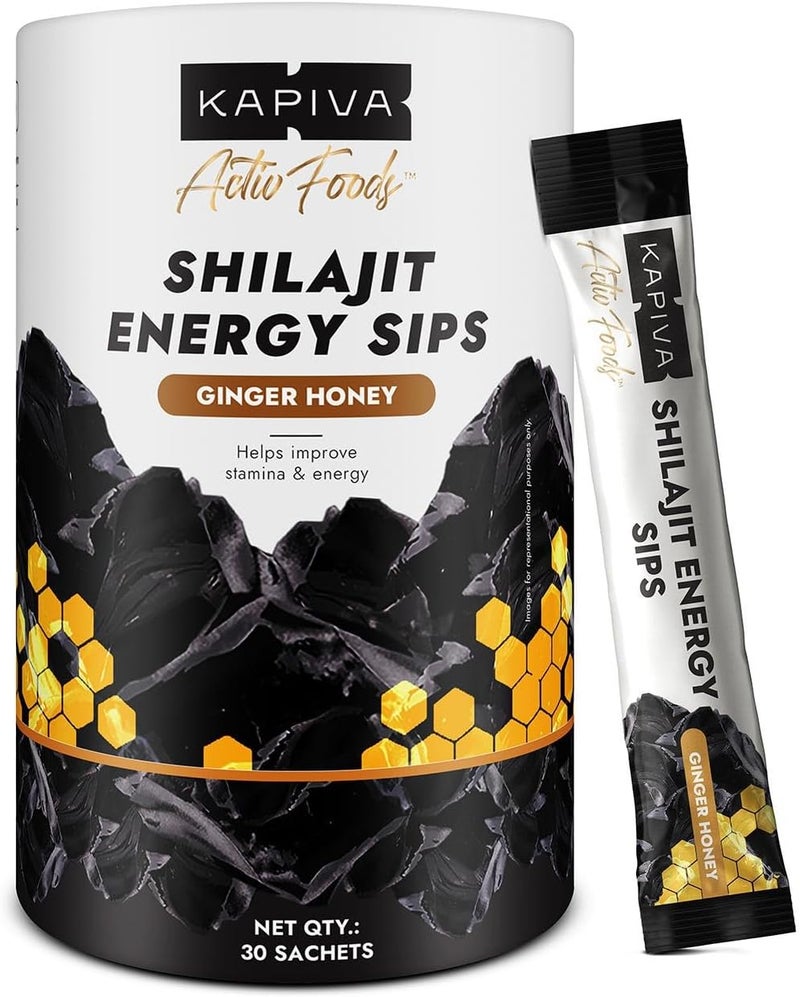 Kapiva Shilajit Energy Sips - Ginger Honey Flavor, 30 Sachets with 250mg Pure Shilajit Each - Image 1