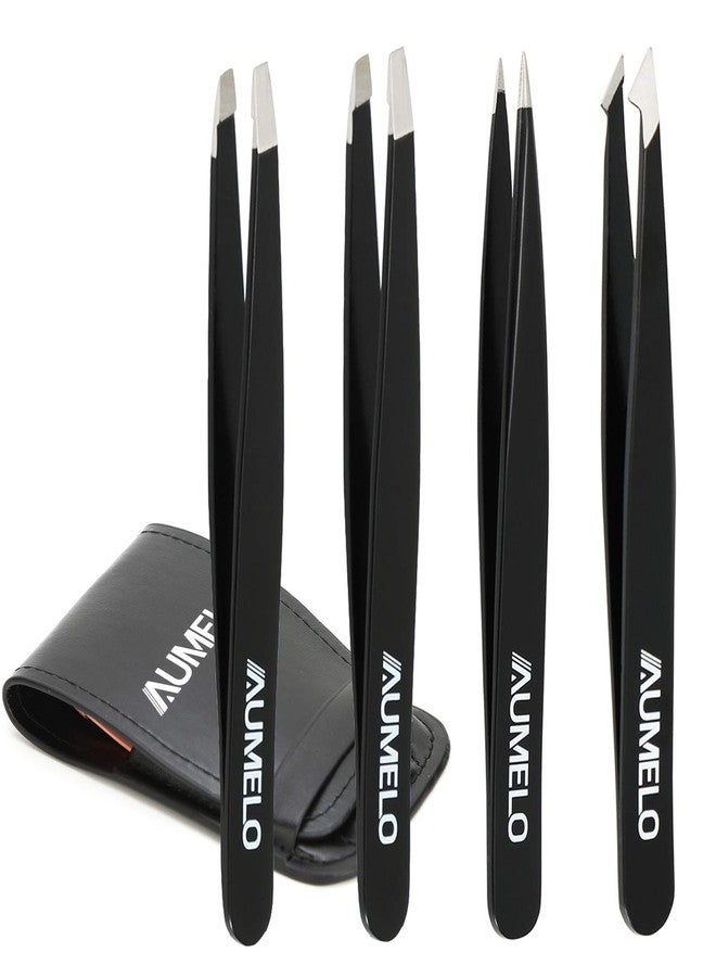 AUMELO Tweezers Set 4-Piece Professional Stainless Steel Tweezers with Travel Case by Aumelo - Best Precision Eyebrow and Splinter Ingrown Hair Removal Tweezer Tip for Men & Women,Black - Image 1