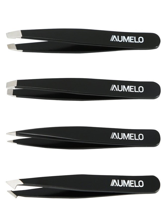 AUMELO Tweezers Set 4-Piece Professional Stainless Steel Tweezers with Travel Case by Aumelo - Best Precision Eyebrow and Splinter Ingrown Hair Removal Tweezer Tip for Men & Women,Black - Image 4