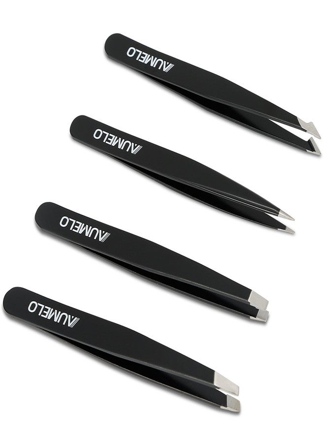 AUMELO Tweezers Set 4-Piece Professional Stainless Steel Tweezers with Travel Case by Aumelo - Best Precision Eyebrow and Splinter Ingrown Hair Removal Tweezer Tip for Men & Women,Black - Image 2