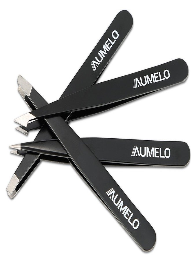AUMELO Tweezers Set 4-Piece Professional Stainless Steel Tweezers with Travel Case by Aumelo - Best Precision Eyebrow and Splinter Ingrown Hair Removal Tweezer Tip for Men & Women,Black - Image 3
