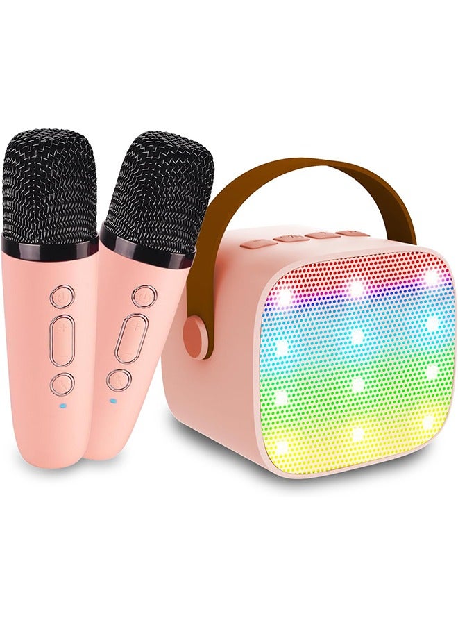 BESTIS Kids Mini Karaoke Machine Bluetooth Speaker with 2 Wireless Microphones 18 Pre-Loaded Songs Colorful Lights Pink Birthday Gift Toys for Kids Indoor Outdoor Use - Image 1
