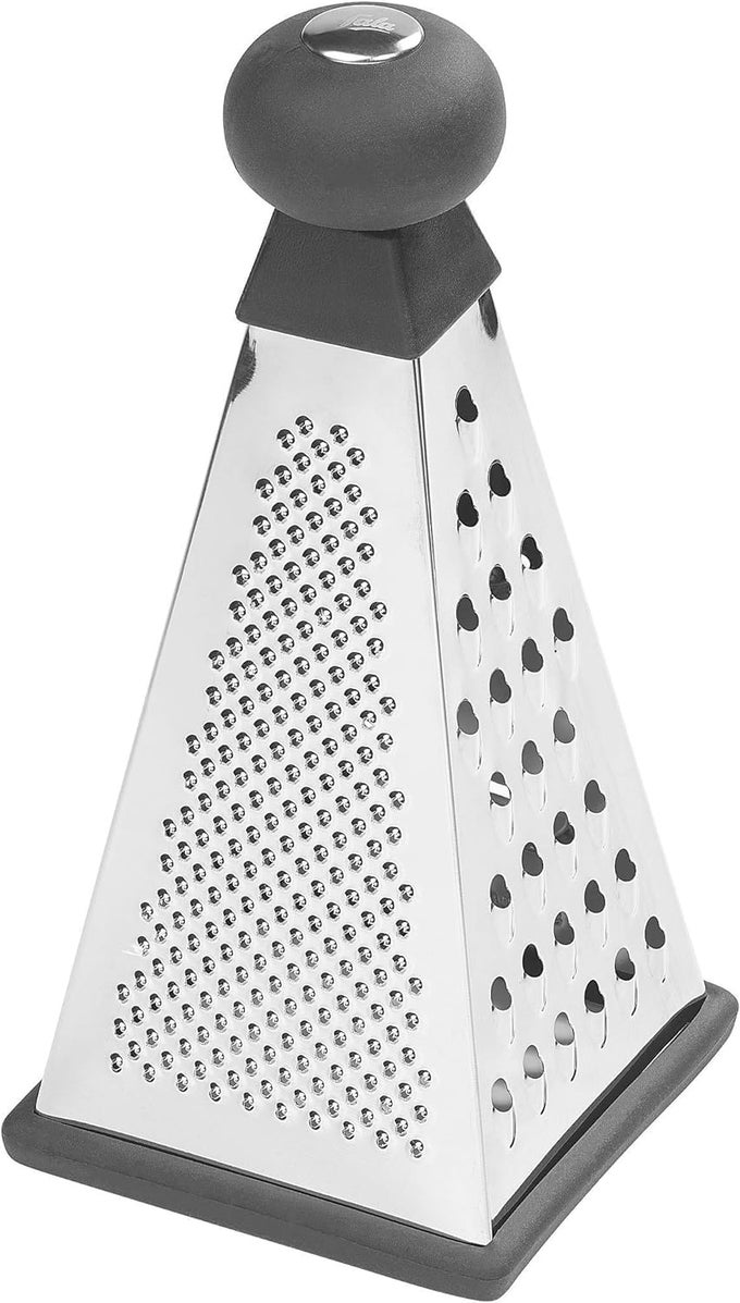 STAINLESS STEEL PYRAMID GRATER 4 SIDED HANDHELD BOX GRATER FOR SLICING GRATING ZESTER AND SHREDDING CHEESE VEGATABLES AND OTHER FOODS WITH GRIP HANDLE AND NONSLIP BASE