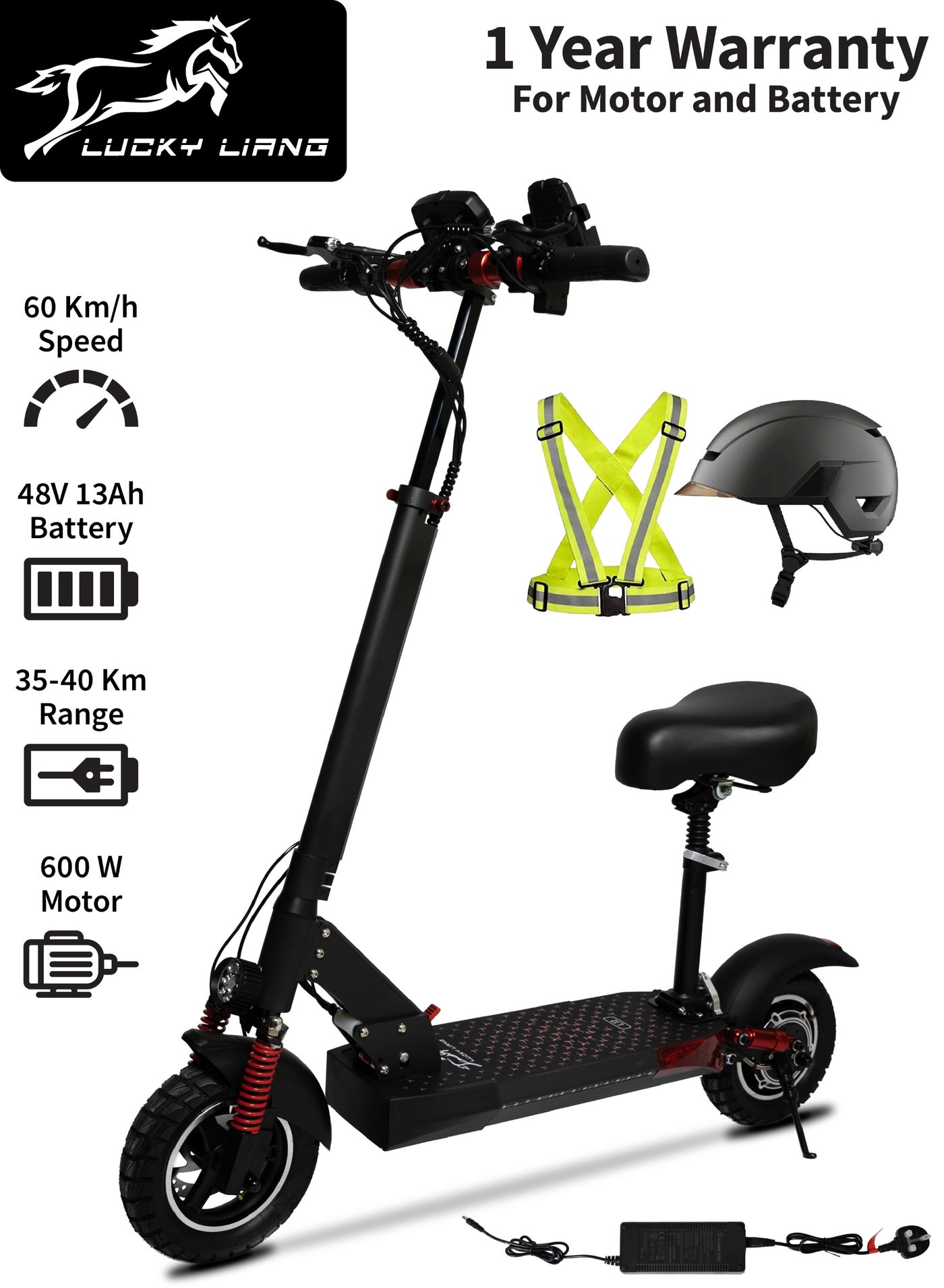 Lucky Liang L12 Electric Scooter 600W Motor, 48V 13Ah Battery, 60Km/h Speed, 40Km Range, 10” Road Tires, Helmet & Safety Vest Included – Foldable Aluminium E-Scooter with Rear Suspension & Disc Brakes