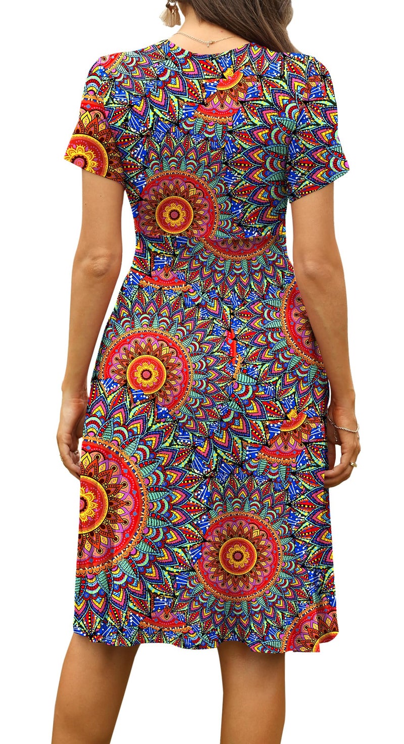 WEACZZY Summer Dresses for Women 2025 Casual Midi Dress A Line Pleated Sundress Short Sleeve Dresses,Floral Peacock Blue,L - Image 3