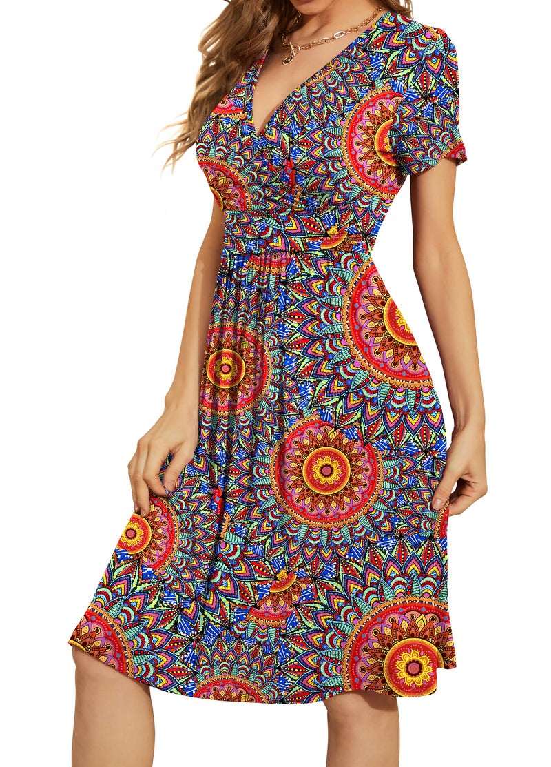 WEACZZY Summer Dresses for Women 2025 Casual Midi Dress A Line Pleated Sundress Short Sleeve Dresses,Floral Peacock Blue,L - Image 2