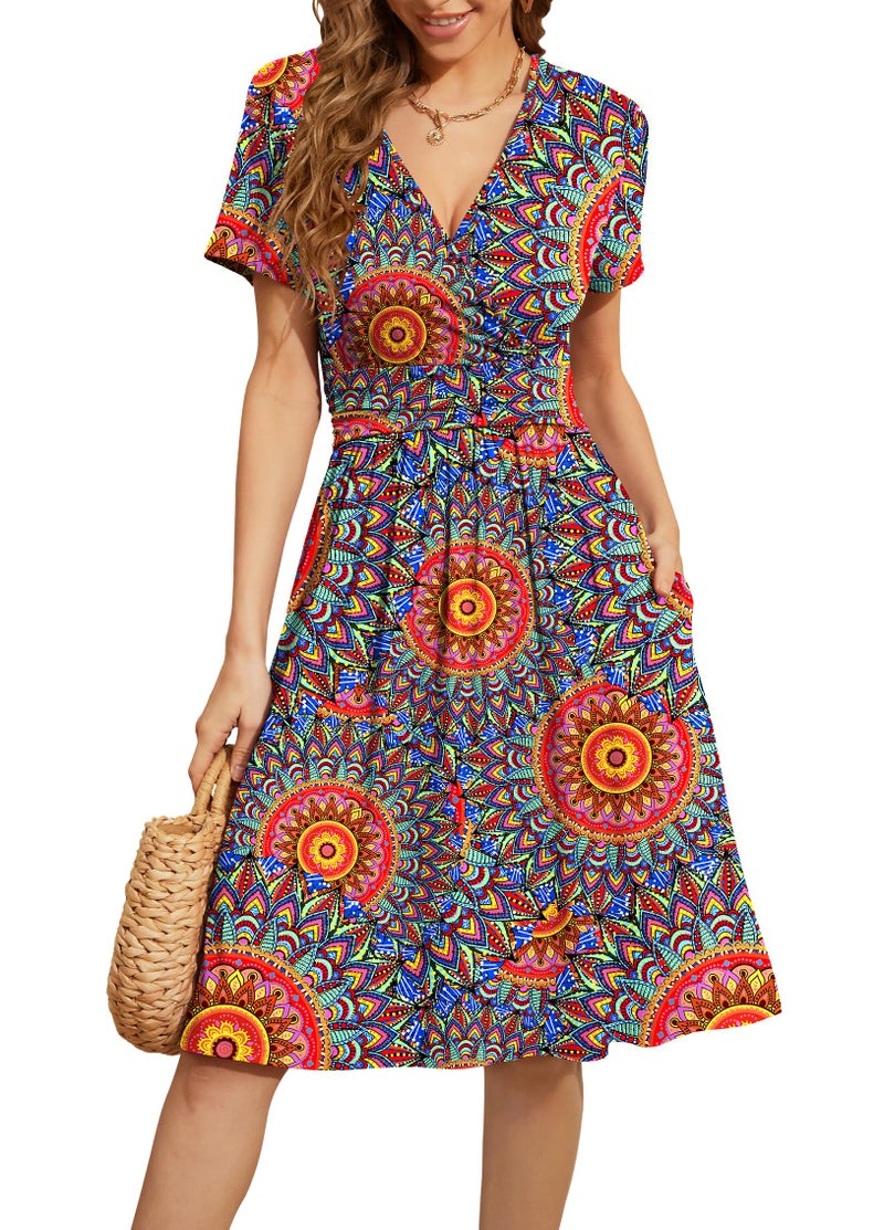 WEACZZY Summer Dresses for Women 2025 Casual Midi Dress A Line Pleated Sundress Short Sleeve Dresses,Floral Peacock Blue,L - Image 1