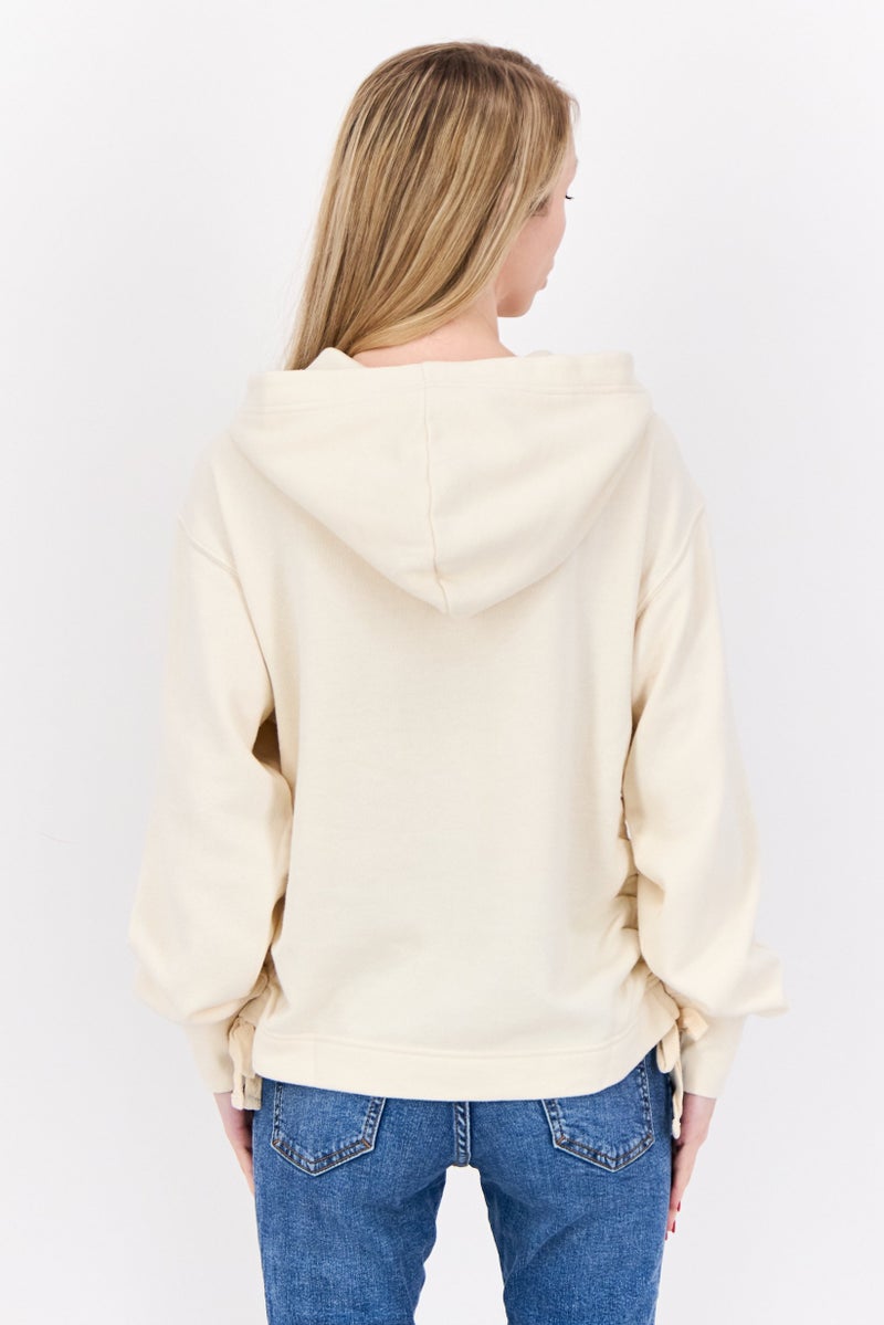 Aerie Women Hooded  Solid Ruched Long Sleeves Sweatshirt, Beige - Image 3