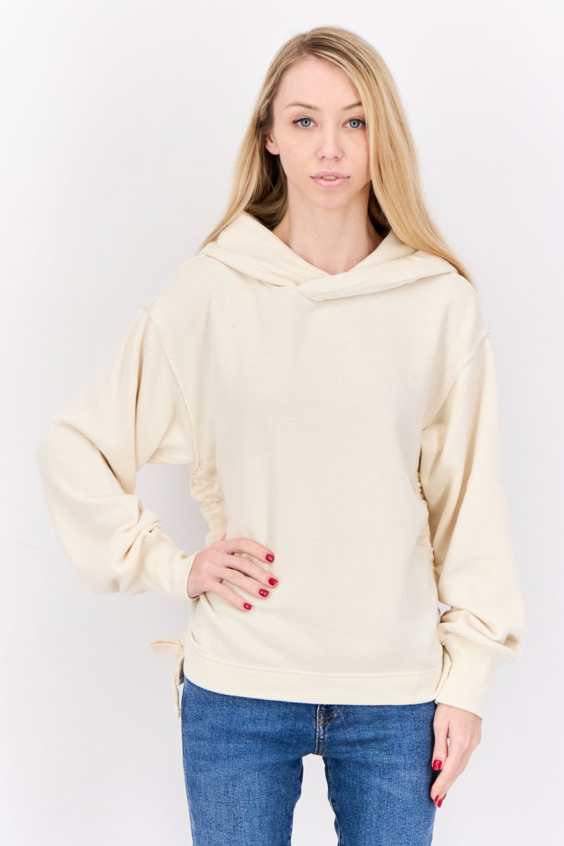 Aerie Women Hooded  Solid Ruched Long Sleeves Sweatshirt, Beige - Image 1