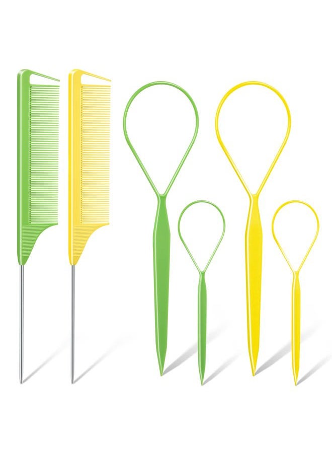 TsMADDTs Topsy TsMADDTs Hair Styling Set - 6 Pack with French Braid Tools, Rat Tail Combs for Hair Styling (Yellow & Green)  - Image 1