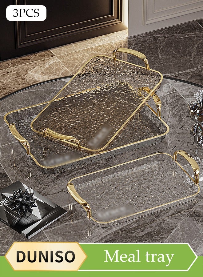 DUNISO Three-Piece Wave Transparent Gold-Rimmed Tray Set, With Handles, Can Be Used For Coffee Tables, Dessert Cakes, Living Room Decorations, Party Homes, Restaurants, Dressing Tables, Etc., High-End Anti-Fall Storage Trays, Dining Trays - Image 1