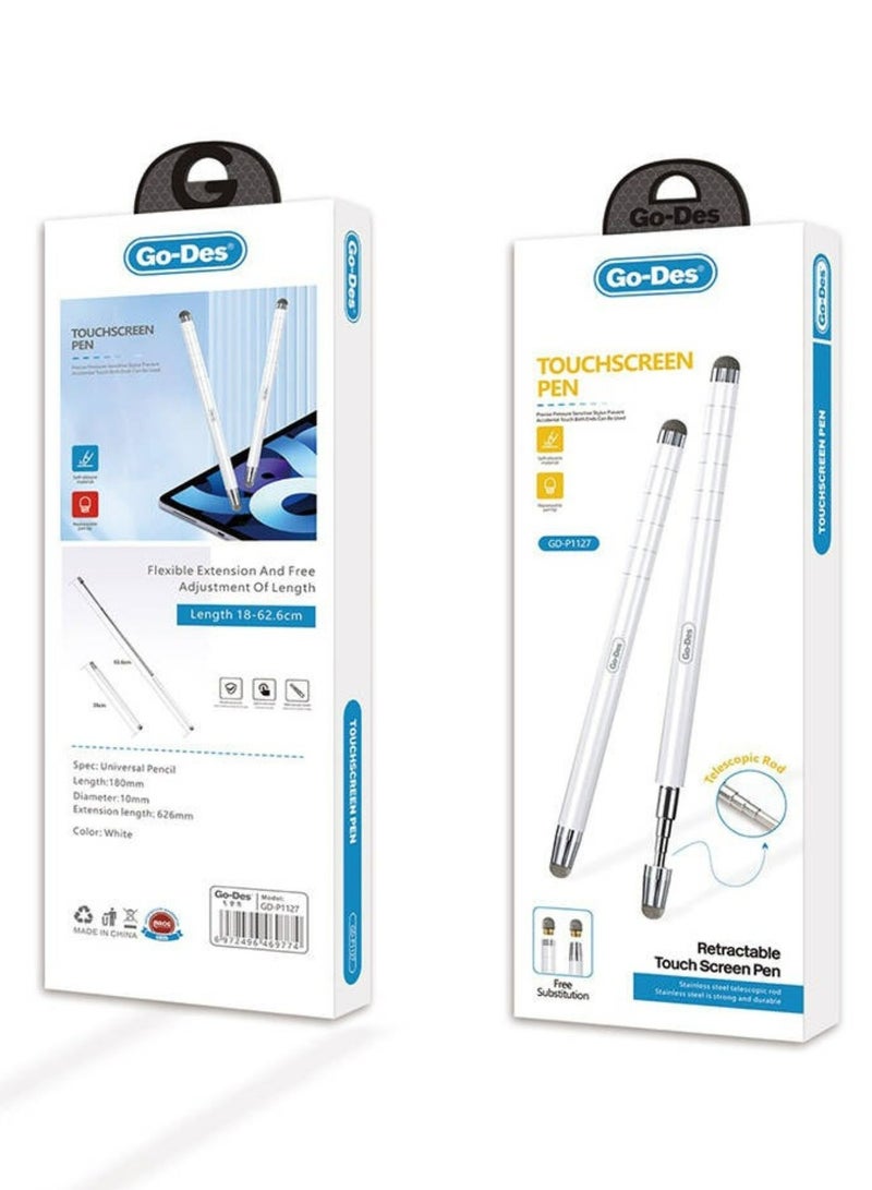 GO-DES GD-P1127 Universal Phone and Tablet Extendable Telescopic Touch Pen- White - Image 3