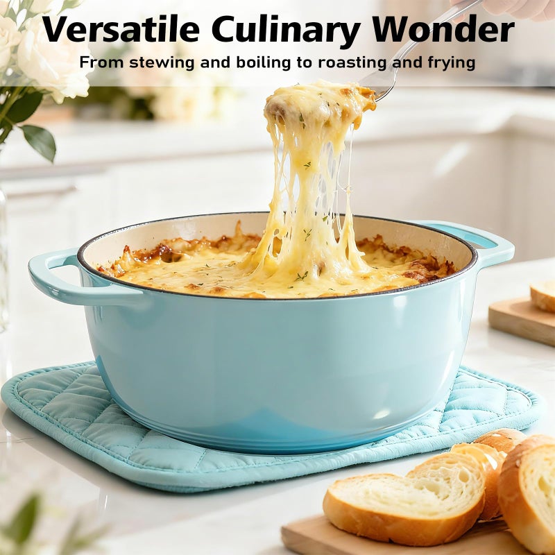 Umite Chef وعاء طهي هولندي من الحديد الزهر المينا 6QT من أوميت شيف مع غطاء، وعاء طهي متعدد الاستخدامات وقوي لخبز الخبز، والطهي البطيء، والحساء واليخنات، آمن للاستخدام في الفرن والموقد مع قفازات مقاومة للحرارة (أزرق) - Image 4