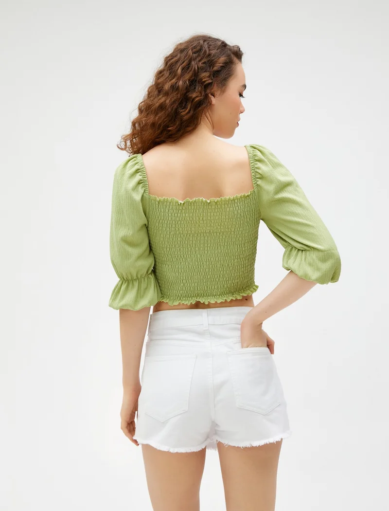 كوتون Crop T-Shirt Gimped Balloon Sleeve Square Neck
