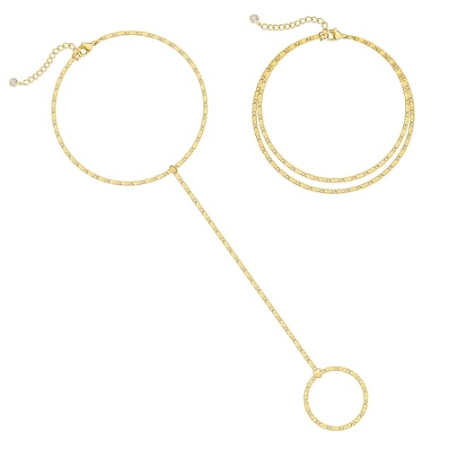 Moodear Gold Plated Bracelets for Women - Dainty 14K Gold Plated Hand Chain Ring Bracelet Cute Adjustable Sparking Link Chain Layered Bracelet Set Non Tarnish Trendy Jewelry Gift - Image 1