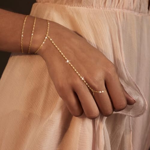 Moodear Gold Plated Bracelets for Women - Dainty 14K Gold Plated Hand Chain Ring Bracelet Cute Adjustable Sparking Link Chain Layered Bracelet Set Non Tarnish Trendy Jewelry Gift - Image 3