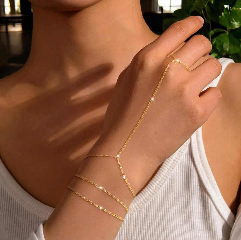 Moodear Gold Plated Bracelets for Women - Dainty 14K Gold Plated Hand Chain Ring Bracelet Cute Adjustable Sparking Link Chain Layered Bracelet Set Non Tarnish Trendy Jewelry Gift - Image 2