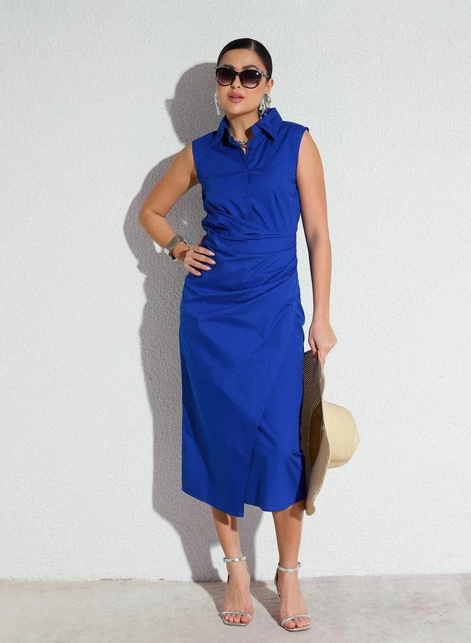 ساسافراس Blue Side Pleated Sleeveless Midi Dress
