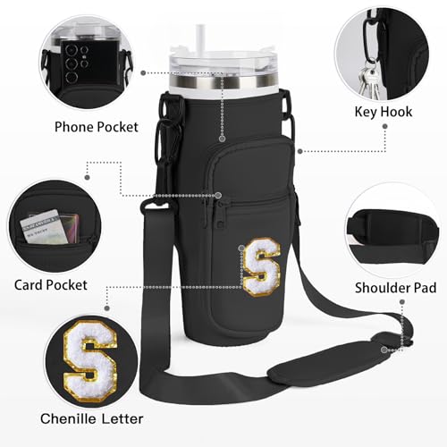 Aganmi Water Bottle Sling Bag with Phone Pocket for Stanley 40oz Tumbler Cup Accessories,Chenille Letter Water Bottle Holder Pouch with Adjustable Shoulder Strap for Outdoor Activities(Black S) - Image 4