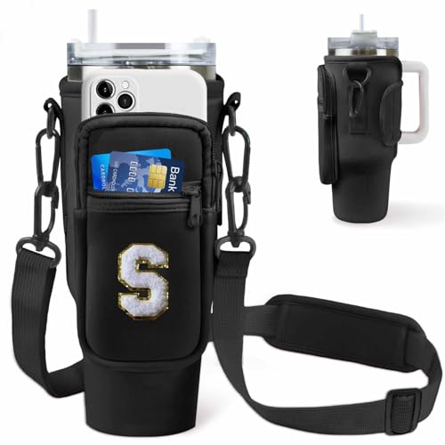 Aganmi Water Bottle Sling Bag with Phone Pocket for Stanley 40oz Tumbler Cup Accessories,Chenille Letter Water Bottle Holder Pouch with Adjustable Shoulder Strap for Outdoor Activities(Black S) - Image 1