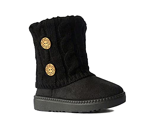 REDVOLUTION Kids Boots Toddler Girls Cute 2 Buttons Faux Fur Suede Knitting Shoe | 285 (Small Kid 12, Black) - Image 5