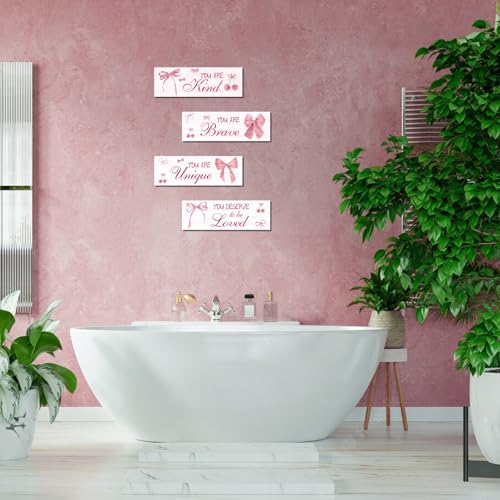 FEXICHUJI 4 Pcs Pink Bow Motivational Sign Set, Positive Affirmations Wooden Coquette Wall Art Decor, Inspirational Boho Bow Decor, Perfect for Girls Bedroom, Bathroom, Living Room - Image 5