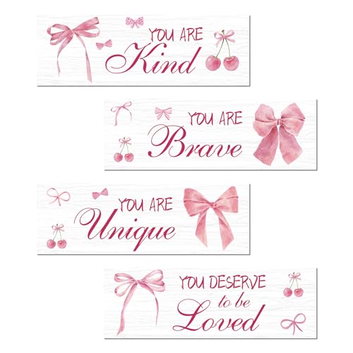 FEXICHUJI 4 Pcs Pink Bow Motivational Sign Set, Positive Affirmations Wooden Coquette Wall Art Decor, Inspirational Boho Bow Decor, Perfect for Girls Bedroom, Bathroom, Living Room - Image 1