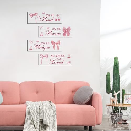 FEXICHUJI 4 Pcs Pink Bow Motivational Sign Set, Positive Affirmations Wooden Coquette Wall Art Decor, Inspirational Boho Bow Decor, Perfect for Girls Bedroom, Bathroom, Living Room - Image 3
