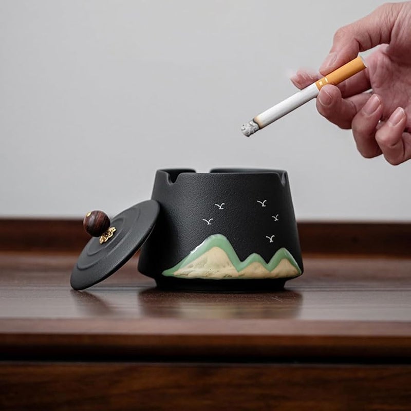 Ceramic Ashtray With Cover Windproof Fly Ash Proof Smoke Proof For Home Office Patio Color B - Image 5