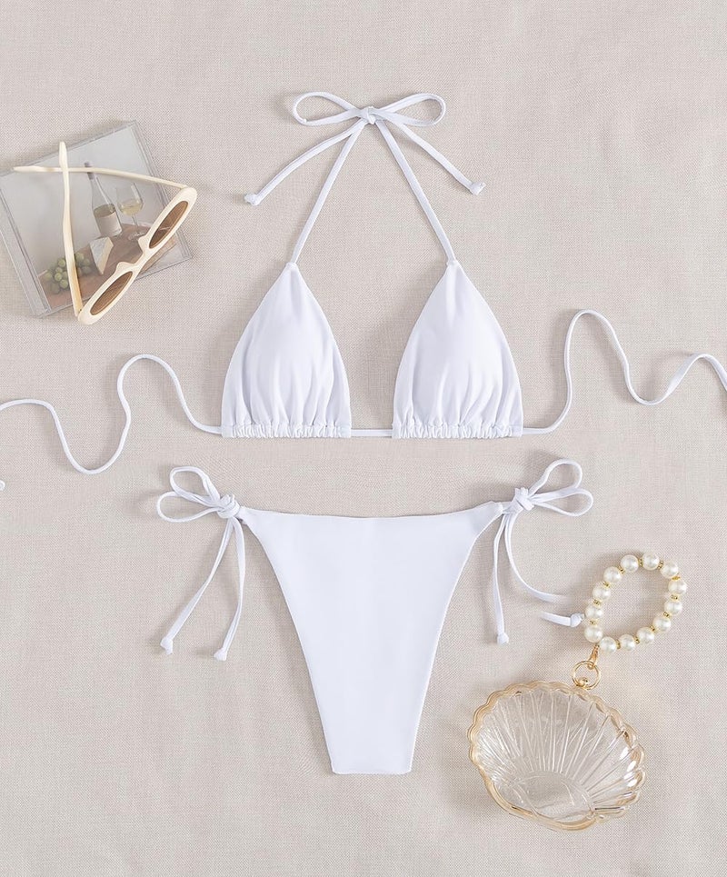 Tainehs Women's Sexy Halter Thong Bikini Tie Two Sides Bottom Triangle Bikini Swimsuits White - Image 5