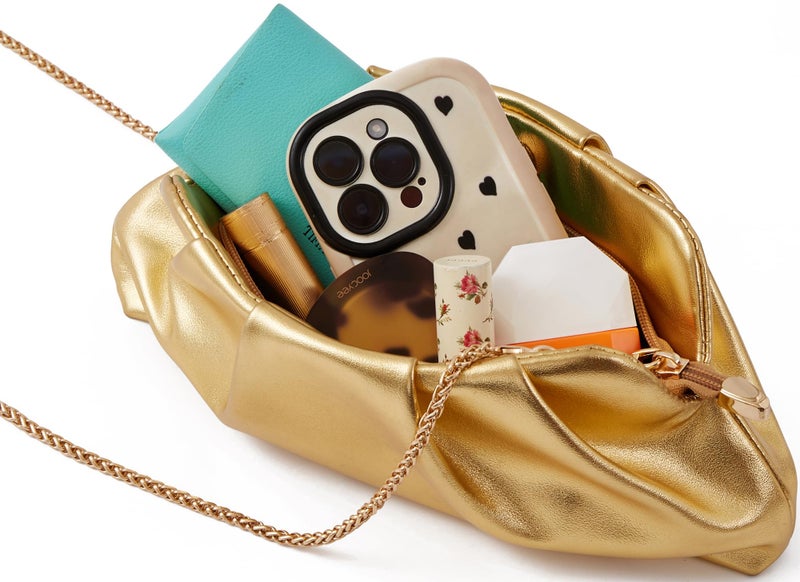 Munansli Metallic Gold Women's Clutch Purse,Evening Bag for Women Ruched Clutch Purse Detachable Metal Chain Crossbody Bag - Image 2