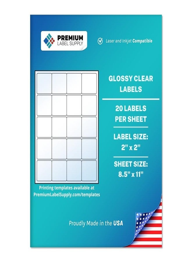 Premium Label Supply Glossy Clear Sticker Square Labels - 2" x 2" - Laser/Inkjet Compatible - (20 per Sheet), 10 Sheets - 200 Total Adhesive Labels - Image 1