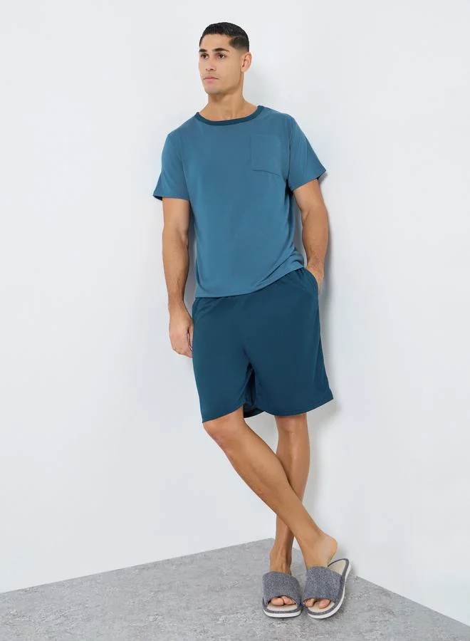 Styli Navy Blue Solid T-Shirt and Shorts Pyjama Set