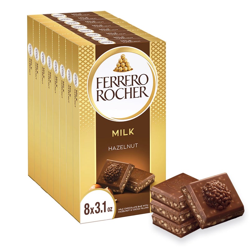 Ferrero Rocher Premium Chocolate, Milk Chocolate Bar Hazelnut & Cocoa Filling, Great for Sharing, 8 Count, 3.1 oz Each - Image 1