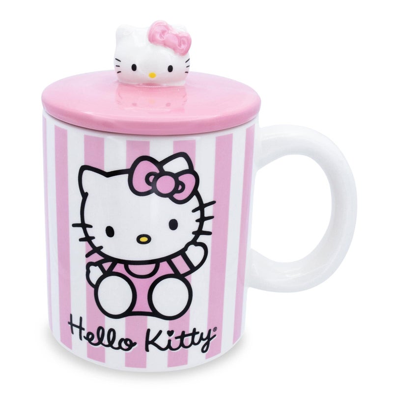 Toynk Sanrio Hello Kitty Pink Stripes Ceramic Mug With Lid  Large Coffee Cup For Tea Espresso Cocoa  Holds 18 Ounces