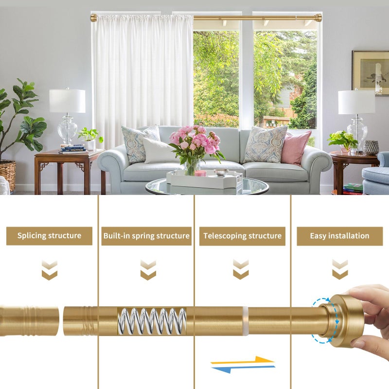 YNL Shower Curtain Rod 34-82 Inches (2.8-6.8ft) Adjustable Spring Shower Rod No Drilling, Non-Slip, Never Rust, Stainless Steel, Suitable for Bathroom Window Living room, Gold - Image 5
