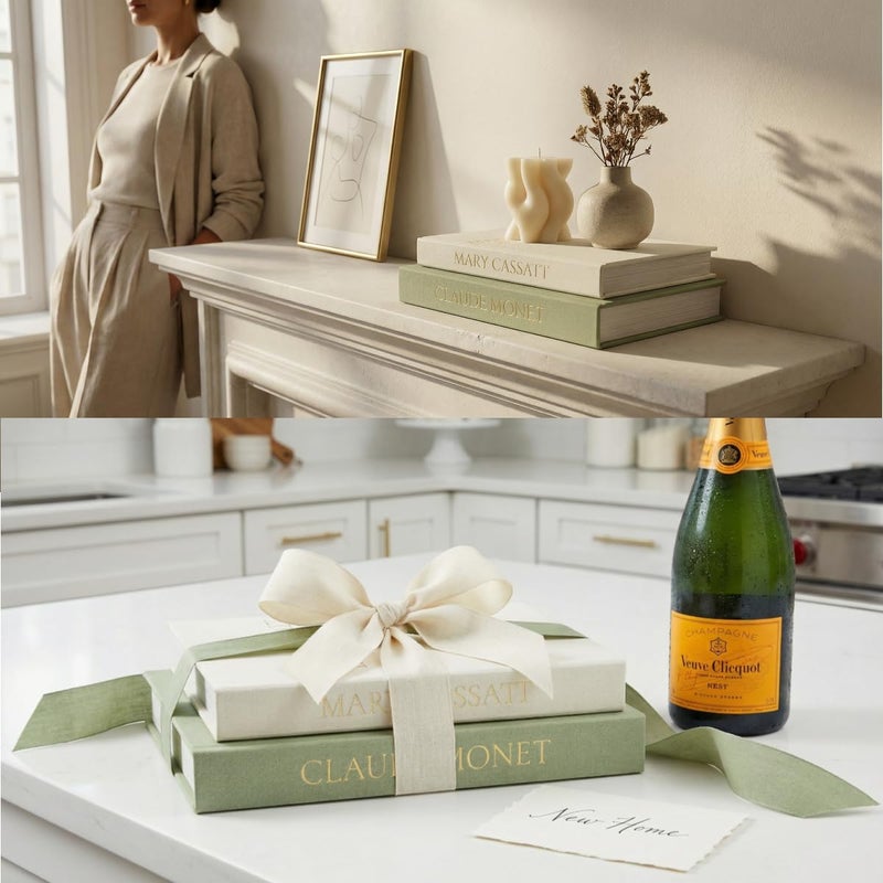 Fveuc Premium Linen Faux Book Box Set of 2: Aesthetic Book Safe with Hidden Storage for Living Room Console Table & Bookshelf Decor, Home Organizer, Green & Beige, Tallest 10.67in - Image 3
