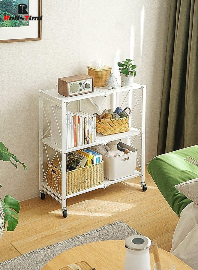 RollsTimi  3 Layer Shelf Foldable Storage Shelving Unit with Wheels, Metal Storage Rack Display Rack for Garage Kitchen Pantry Closet, White - Image 1