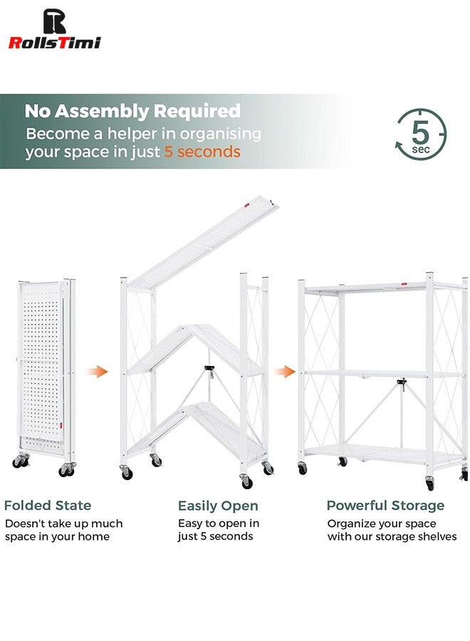 RollsTimi  3 Layer Shelf Foldable Storage Shelving Unit with Wheels, Metal Storage Rack Display Rack for Garage Kitchen Pantry Closet, White - Image 2