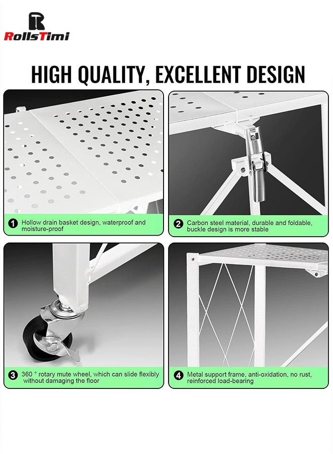 RollsTimi  3 Layer Shelf Foldable Storage Shelving Unit with Wheels, Metal Storage Rack Display Rack for Garage Kitchen Pantry Closet, White - Image 5