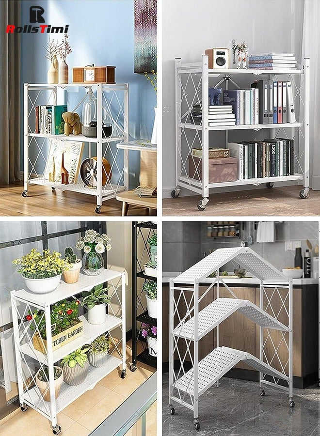 RollsTimi  3 Layer Shelf Foldable Storage Shelving Unit with Wheels, Metal Storage Rack Display Rack for Garage Kitchen Pantry Closet, White - Image 4
