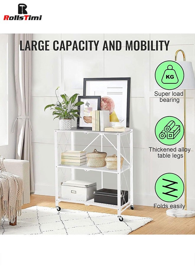 RollsTimi  3 Layer Shelf Foldable Storage Shelving Unit with Wheels, Metal Storage Rack Display Rack for Garage Kitchen Pantry Closet, White - Image 3