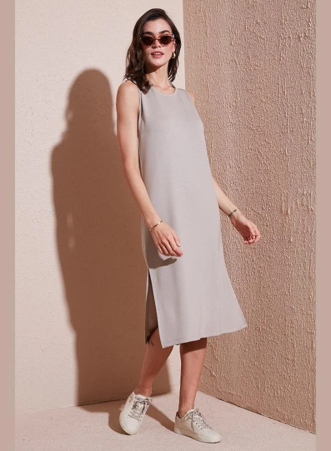 ليلا Lela Regular Fit Crew Neck Slit Detail Basic Midi Dress Women's Dress 5866160