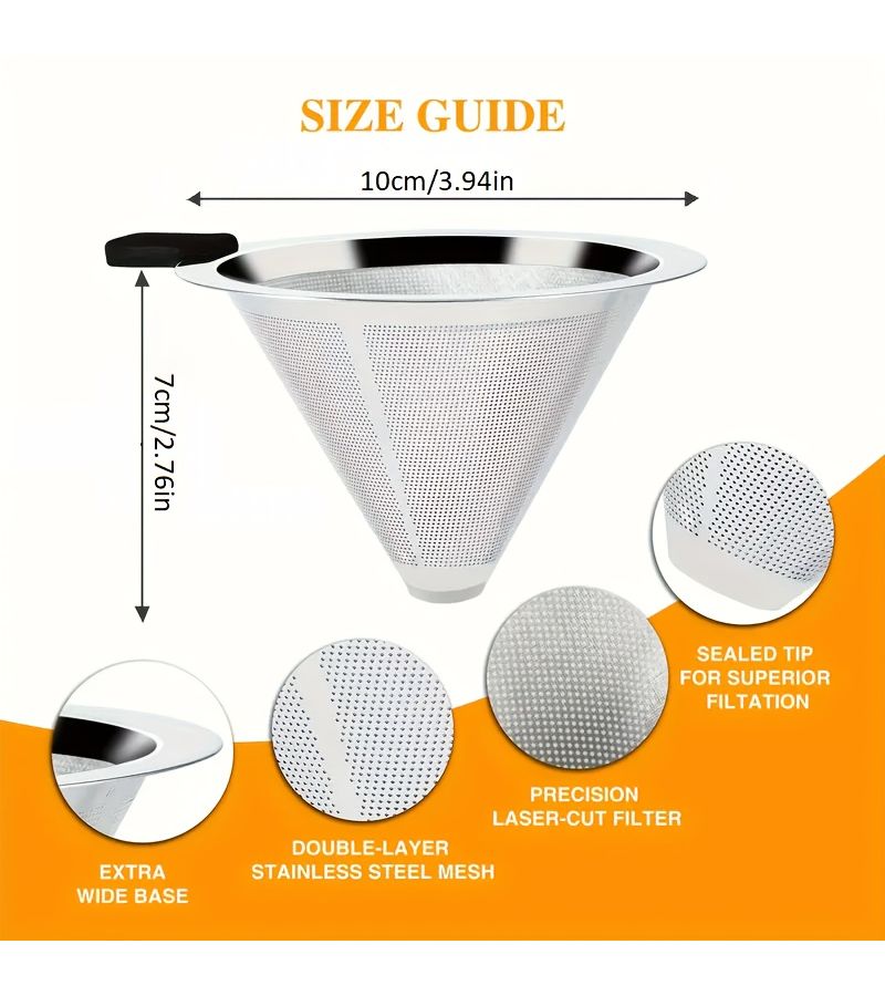 Stainless Steel Double Layer Mesh Coffee Filter Reusable No Filter Paper Needed Delicious Brewing Accessory Suitable for Mugs Glass Pots Kettles Durable Tapered Drip Tip Design Coffee Filter A - Image 3