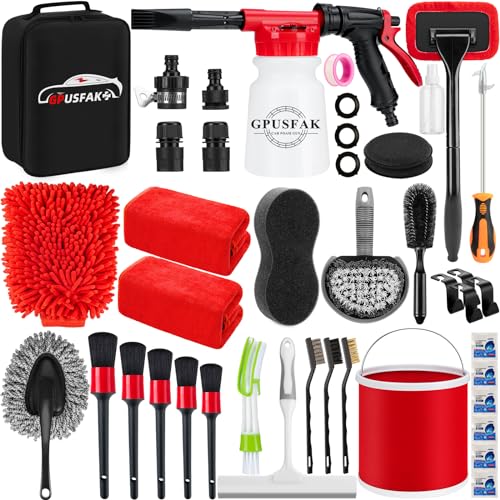 GPUSFAK 39Pcs Car Wash Cleaning Kit with Foam Gun Sprayer Detailing Brushes Collapsible Bucket Windshield Cleaning Tool Tire Brush Towels Complete Interior Exterior Detailing Set for Car - Image 1