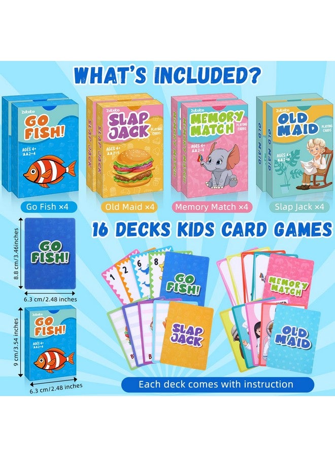 Zubebe 16 Decks Kids Card Games Bulk 4 Decks in 1 Includes Go Fish, Old Maid, Memory Match, Slap Jack Classic Playing Card Game Set for Kids Toddlers Family Game Night Basket Stuffers Party Favors - Image 2