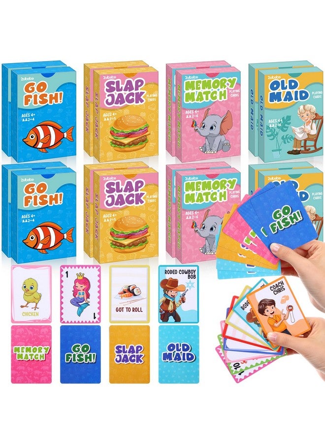Zubebe 16 Decks Kids Card Games Bulk 4 Decks in 1 Includes Go Fish, Old Maid, Memory Match, Slap Jack Classic Playing Card Game Set for Kids Toddlers Family Game Night Basket Stuffers Party Favors - Image 1